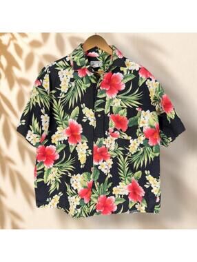 Key West Shirt Men M Medium Black Floral Button Up Collared Short Sleeve Pockets